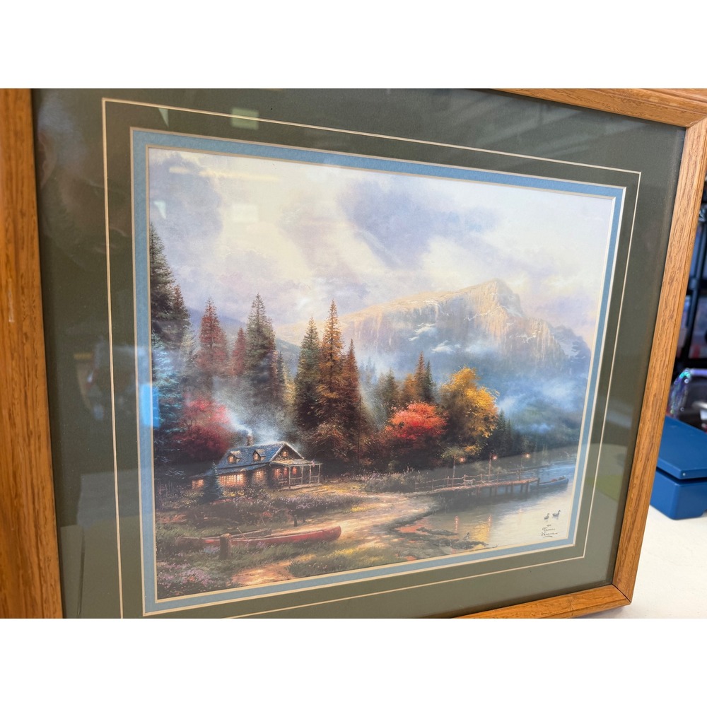 Thomas Kinkade Mountain Lake Cabin Framed Art Print Wood Frame Matted